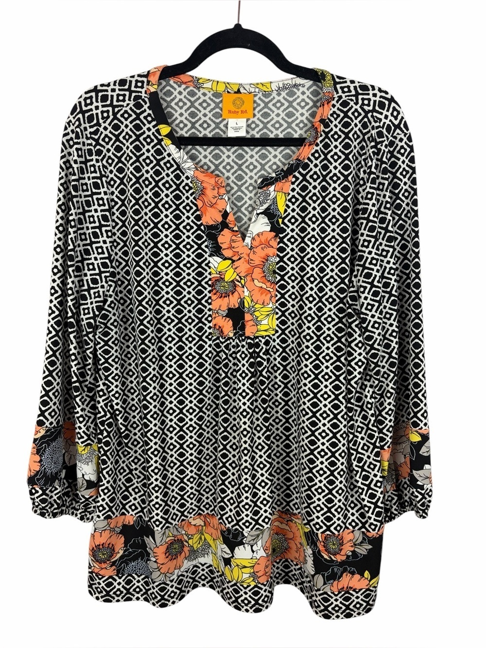 Ruby Rd. Mixed Print Blouse Floral Geometric Top Size Large